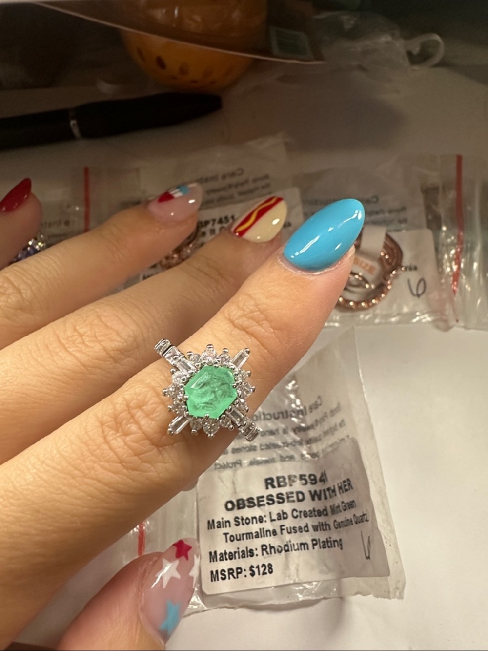 Mint tourmaline and quartz ring